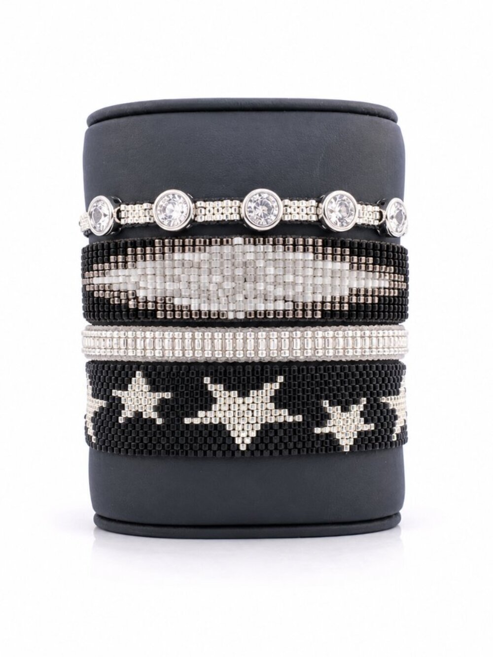 Handmade Black & Silver Beaded Bracelet Stack | Adjustable Luxury Seed Bead
